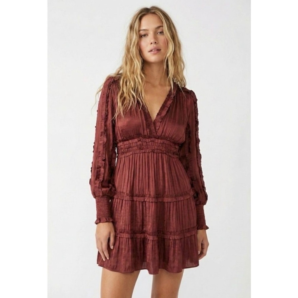O.P.T. Rust Red Ruffle Tiered Mini Dress Smocked Waist‎ Long Sleeve XS Boho